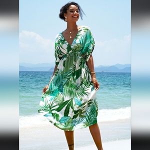 Cupshe Green Leafy Floral V Neck Smocked Waist Short Sleeve Maxi Dress